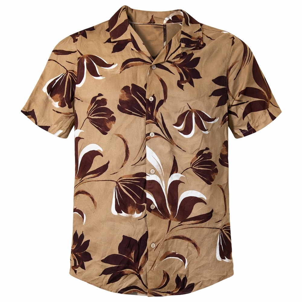 C&C California Men’s Hawaiian Shirt Brown Floral Button Up Short Sleeve Size S